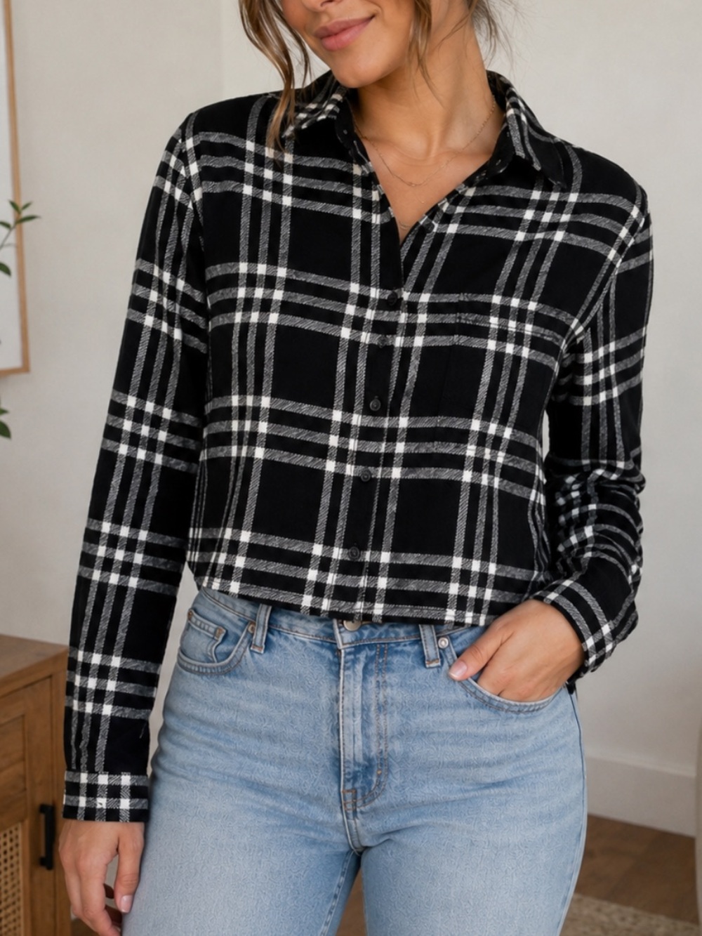 PINK Victoria's Secret Black & White Plaid Button-Down Shirt
